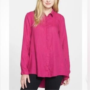 Eileen Fisher 100% Organic Irish Linen Tunic Top Button Down Pink Size Small